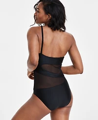 Bar Iii Women's One-Shoulder Mesh Cutout Swimsuit, Created for Macy's