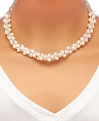Cultured Freshwater Pearl Woven Necklace (4mm) & Stud Earrings (6mm) Set Sterling Silver