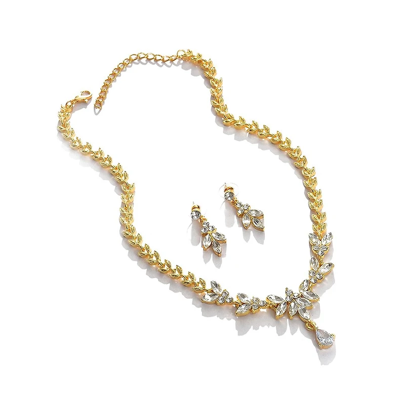 Sohi Women's Gold Stone Leaf Necklace And Earrings (Set Of 2