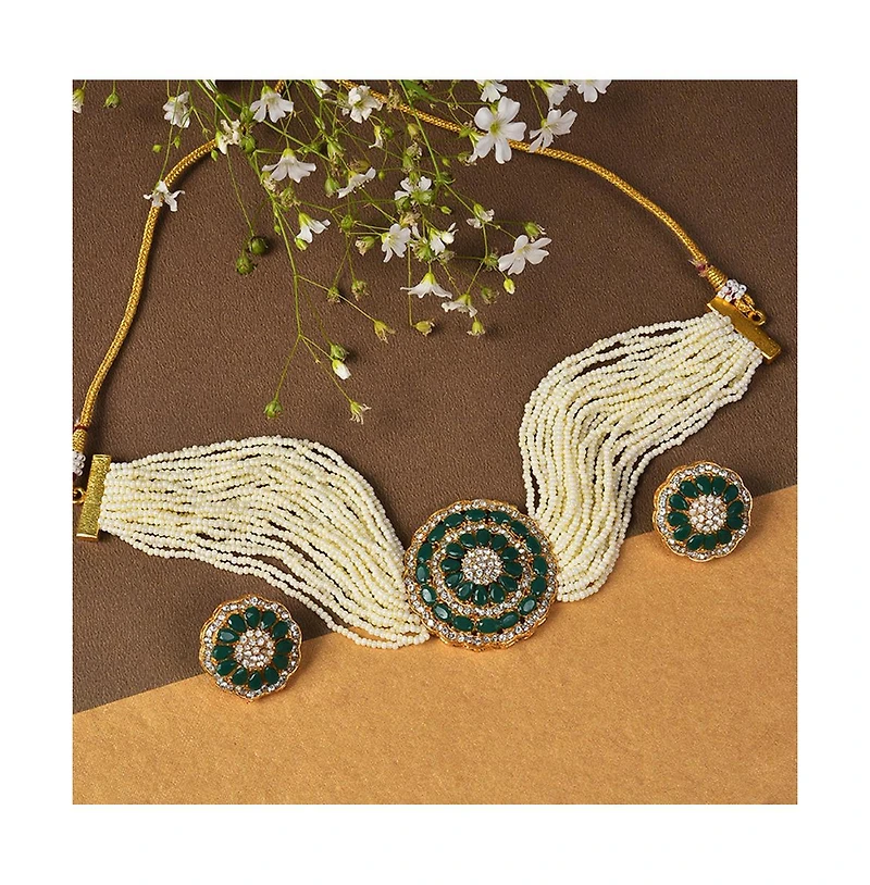 Sohi Women's Green Stone Beaded Necklace And Earrings (Set Of 2)
