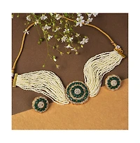 Sohi Women's Green Stone Beaded Necklace And Earrings (Set Of 2)