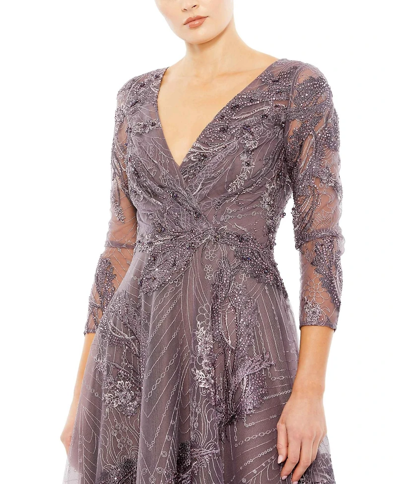 Mac Duggal Women's Embellished Wrap Over 3/4 Sleeve Dress