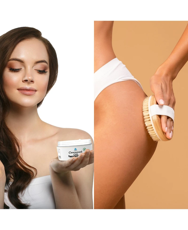 Pursonic Hair Care and Massage Bundle: Bath Brush and Rubber Massager with Lotus wooden handle + 100% Natural Coconut Oil Hair Mask 10 Oz