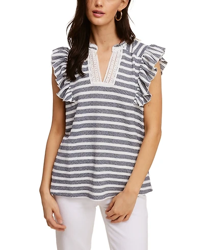 Fever Women's V-Neck Ruffle Flutter Short Sleeve Top