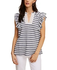 Fever Women's V-Neck Ruffle Flutter Short Sleeve Top