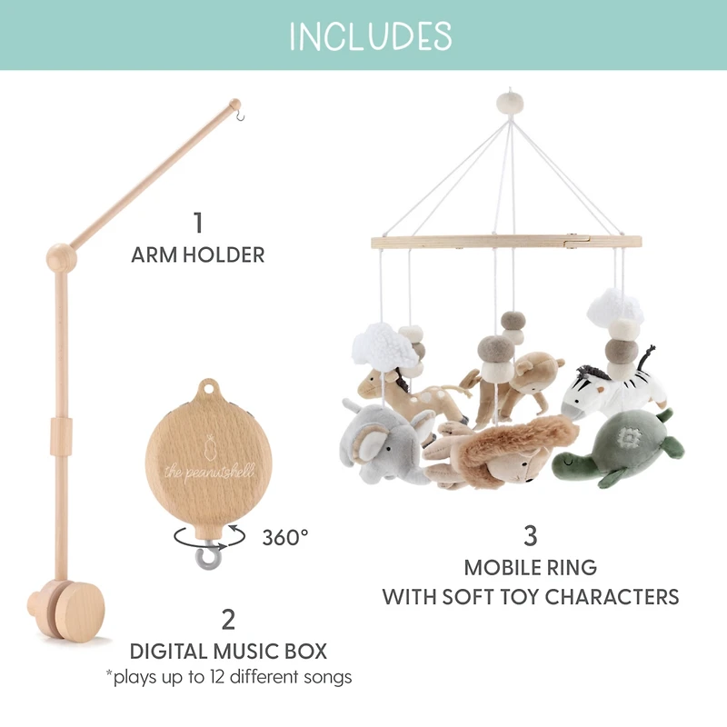 The Peanutshell Safari Serenity Baby Musical Wooden Crib Mobile