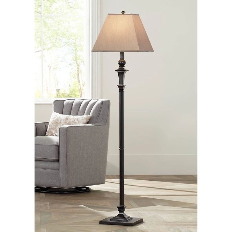 Regency Hill Traditional Floor Lamp 59" Tall Italian Bronze Taupe Faux Silk Square Hardback Shade for Living Room Reading Bedroom Office