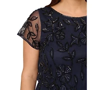 Adrianna Papell Plus Blouson Beaded Short-Sleeve Gown