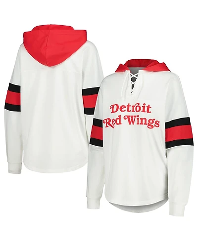 Women's G-iii 4Her by Carl Banks White, Red Detroit Wings Goal Zone Long Sleeve Lace-Up Hoodie T-shirt