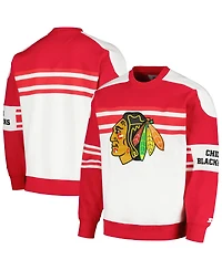 Men's Starter White Chicago Blackhawks Defense Fleece Crewneck Pullover Sweatshirt