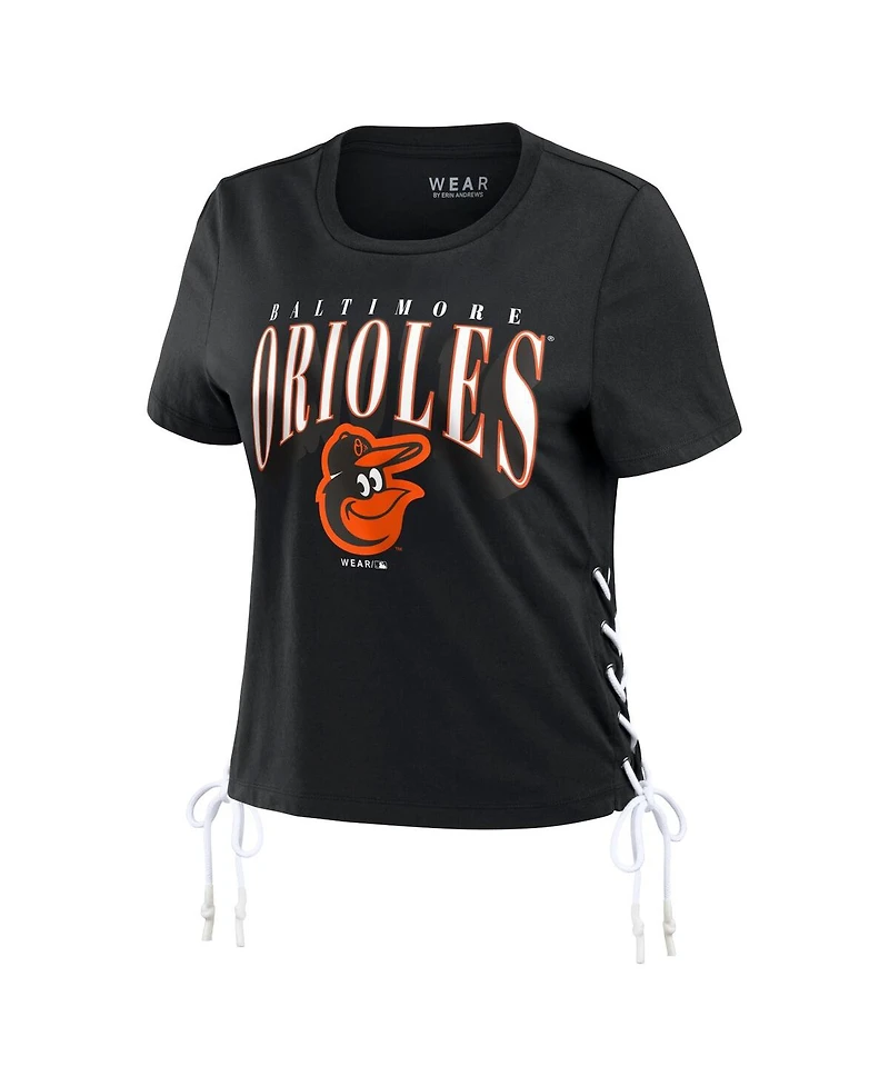 Women's Wear by Erin Andrews Black Baltimore Orioles Side Lace-Up Cropped T-shirt