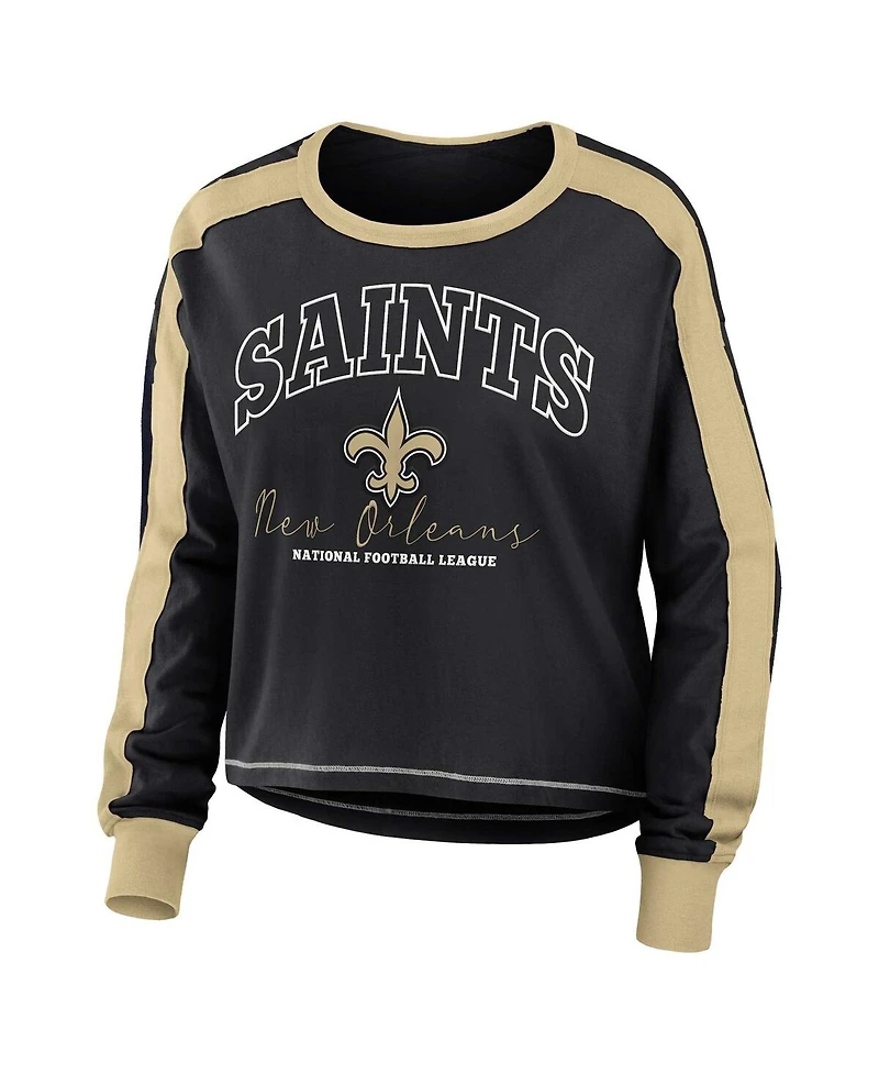 Women's Wear by Erin Andrews Black, Gold New Orleans Saints Color Block Modest Crop Long Sleeve T-shirt