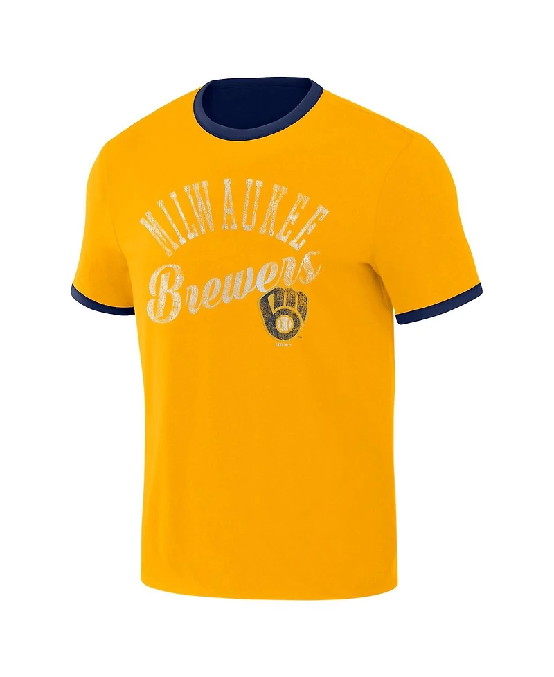 Men's Darius Rucker Collection by Fanatics Navy, Gold Distressed Milwaukee Brewers Two-Way Ringer Reversible T-shirt