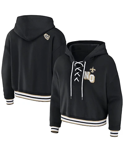 Women's Wear by Erin Andrews Black New Orleans Saints Lace-Up Pullover Hoodie