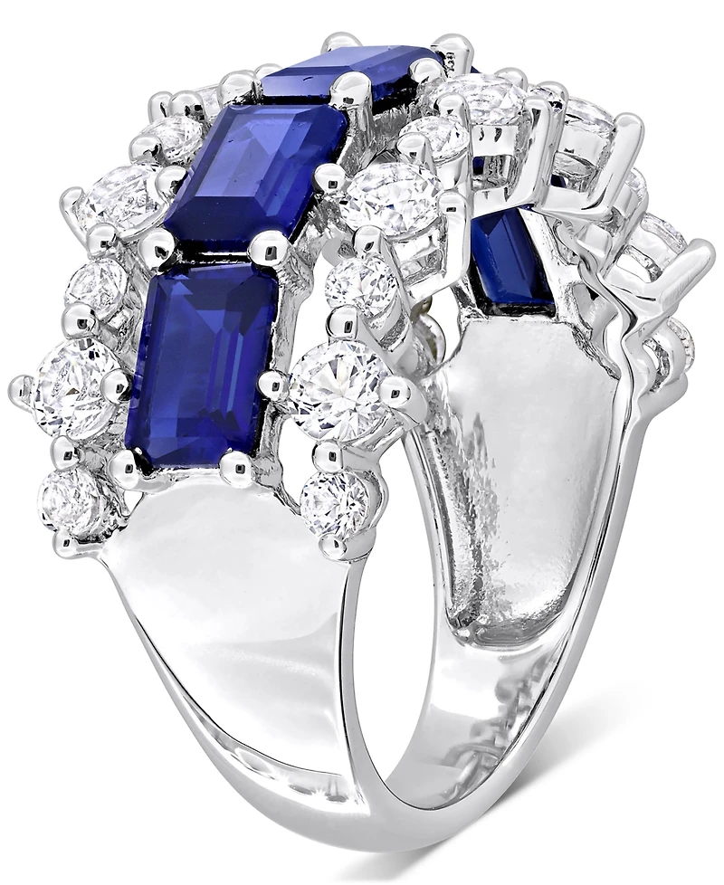 Lab-Grown Blue Sapphire (4-5/8 ct. t.w.) & White (2-1/10 Three Row Ring Sterling Silver
