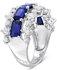 Lab-Grown Blue Sapphire (4-5/8 ct. t.w.) & White (2-1/10 Three Row Ring Sterling Silver