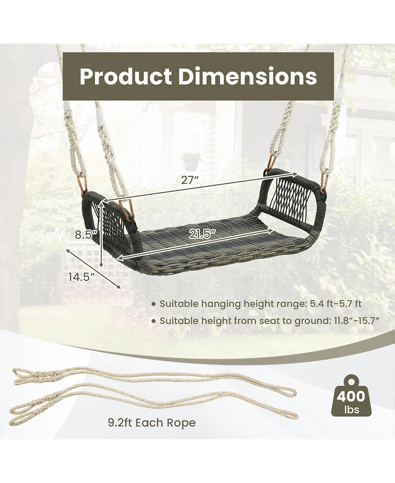 Costway Wicker Porch Swing Curved Rattan Swing Seat with Cozy Armrests for Front Porch