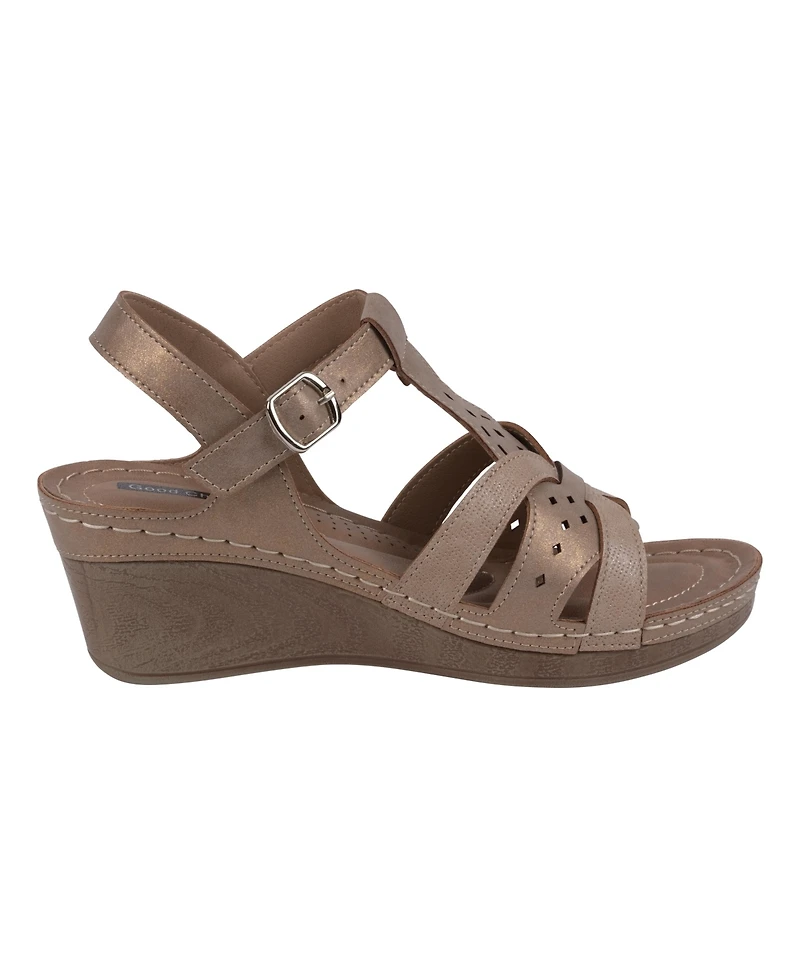 Gc Shoes Women's Darry Perforated T-Strap Slingback Wedge Sandals