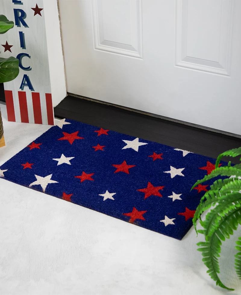 Northlight Blue Coir Red and White Stars Americana Outdoor Doormat, 18" x 30"