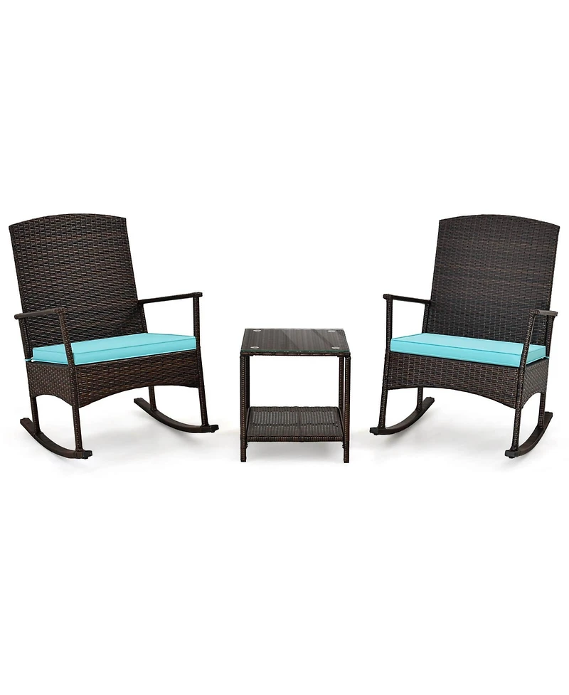3 Piece Patio Rocking Set Wicker Rocking Chairs with 2-Tier Coffee Table