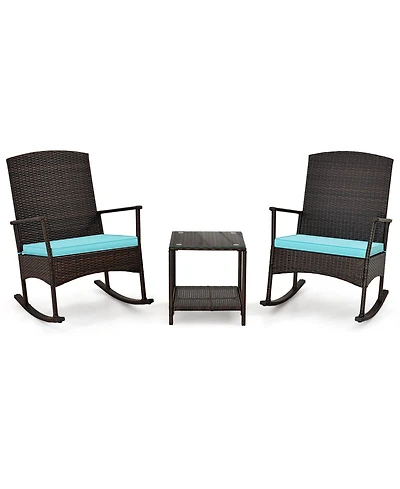 3 Piece Patio Rocking Set Wicker Rocking Chairs with 2-Tier Coffee Table