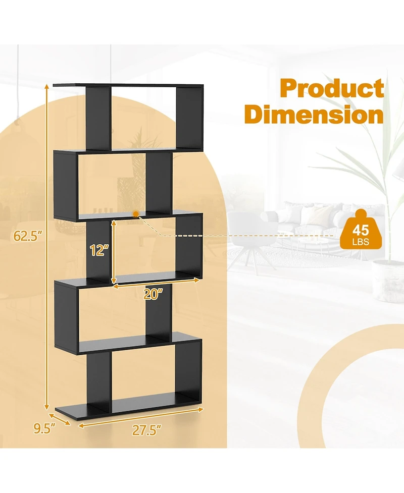 1 Pc 5-Tier Bookshelf Geometric S-Shaped Bookcase Room Divider Storage Display Shelf