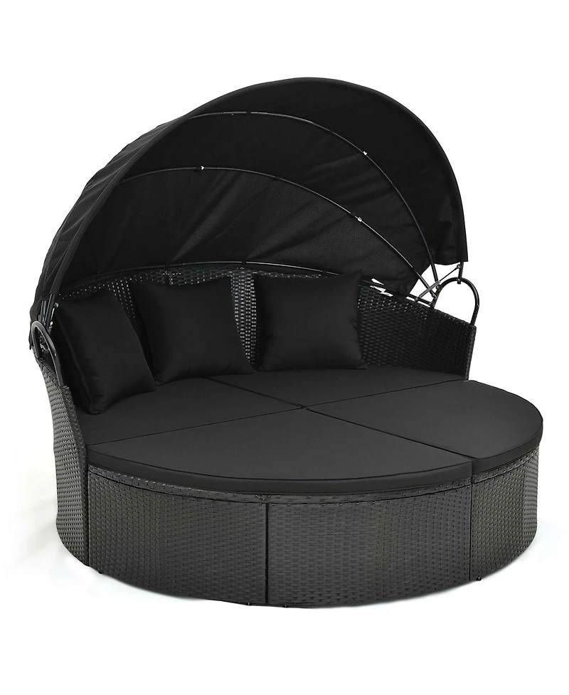 Patio Round Daybed with Retractable Canopy Rattan Sectional Seating