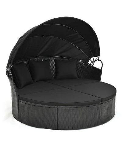 Patio Round Daybed with Retractable Canopy Rattan Sectional Seating