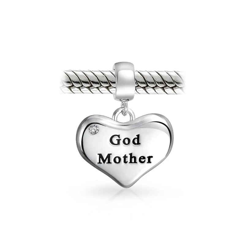 Bling Jewelry White Crystal Accent Bff Word Heart Shape God Mother Dangle Bead Charm Oxidized Sterling Silver Fit European Bracelet