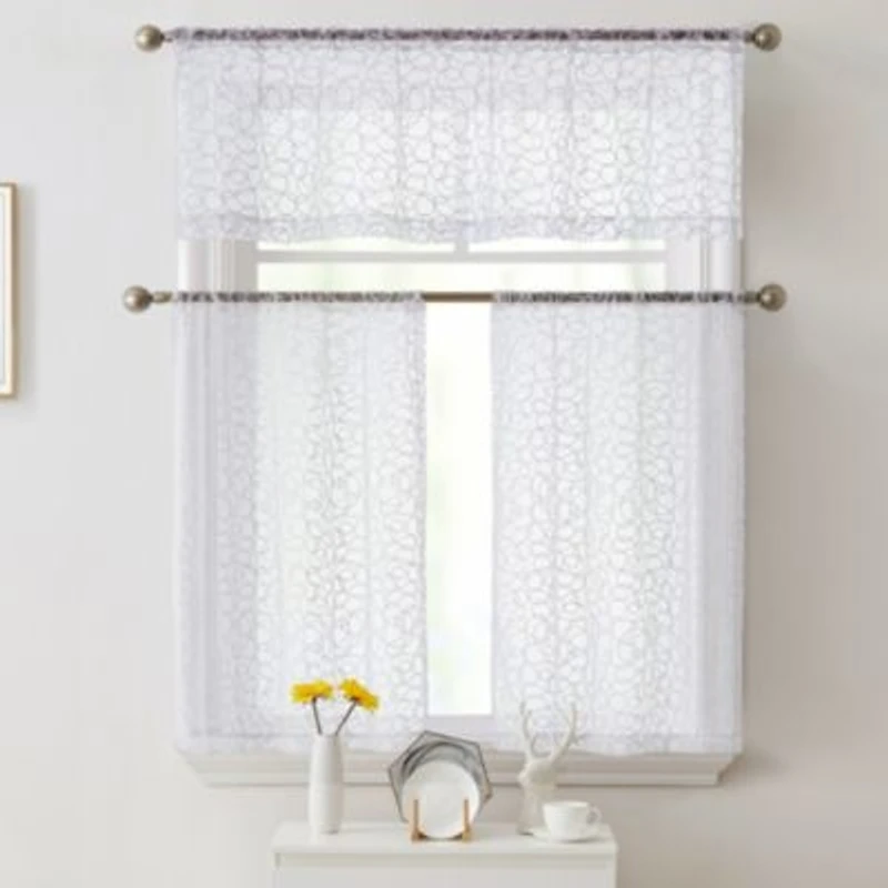 Audrey Embroidered Sheer Voile Window Curtain Rod Pocket Valance For Kitchen Bedroom Small Windows Bathroom