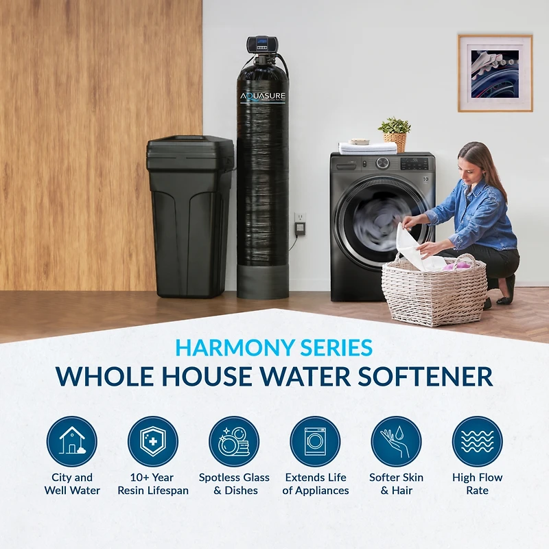 Aquasure Harmony Series | 64,000 Grains Water Softener with 10" Sediment/Carbon/Zinc Triple Purpose Whole House Water Filter