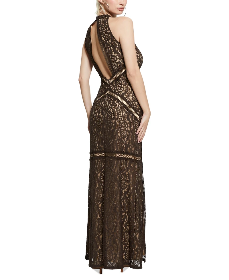 Guess Women's New Liza Lace Halter Sleeveless Gown