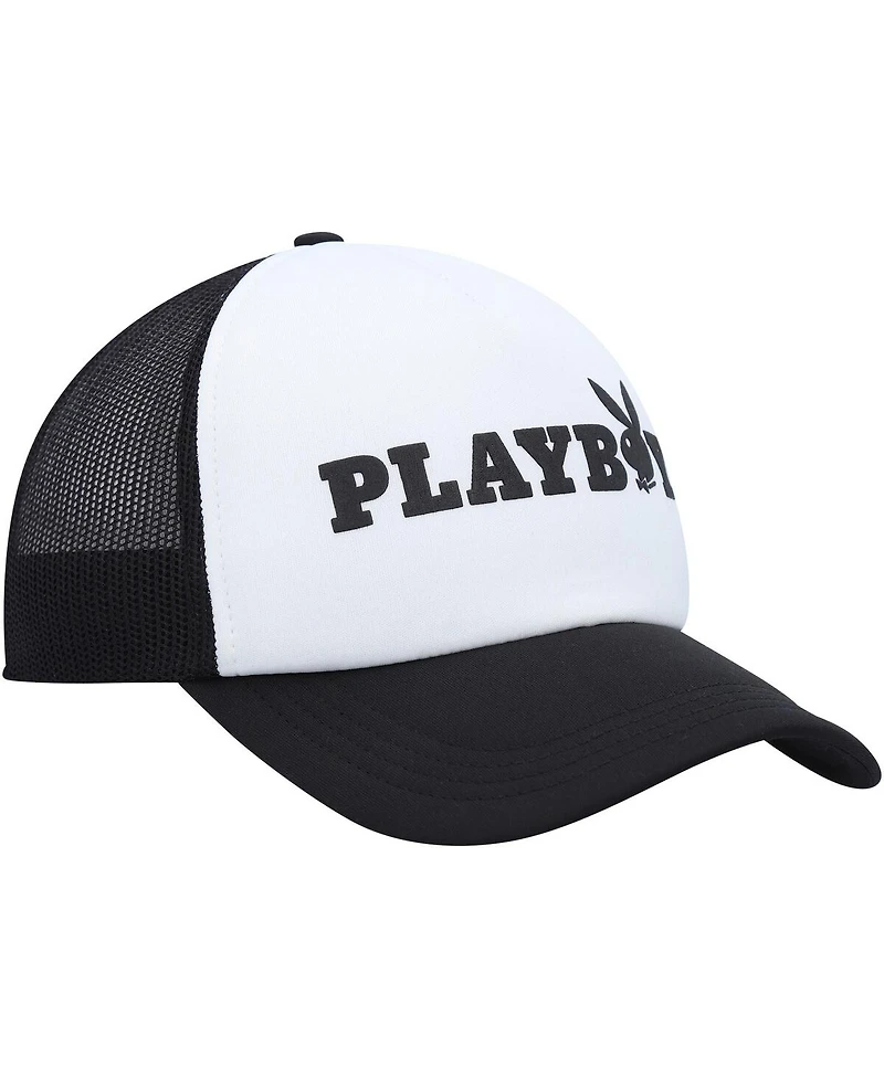 Men's Playboy White, Black Foam Trucker Snapback Hat
