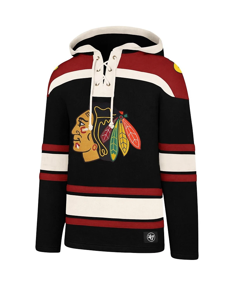 Men's '47 Brand Black Chicago Blackhawks Superior Lacer Pullover Hoodie