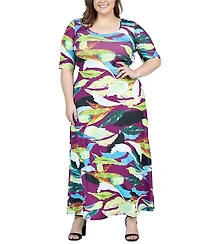 24seven Comfort Apparel Plus Size Elbow Sleeve Casual A Line Maxi Dress