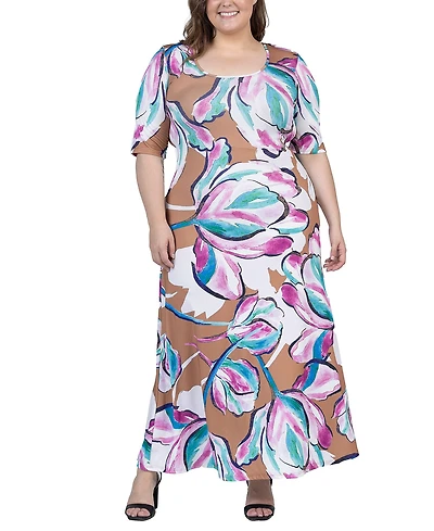 24seven Comfort Apparel Plus Elbow Sleeve Casual A Line Maxi Dress