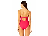 Women's Solid Piped Keyhole One Piece Swimsuit