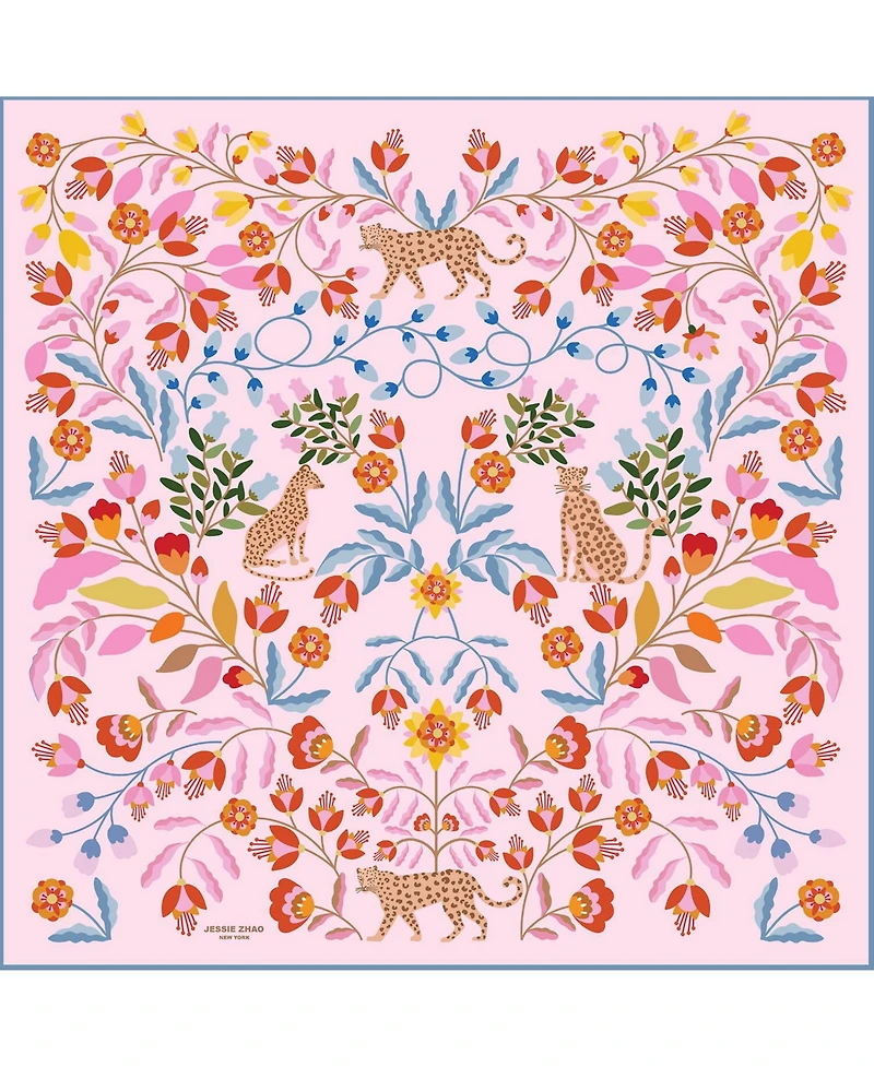 Jessie Zhao New York Double Sided Silk Scarf Of Pink Blossom Jungle