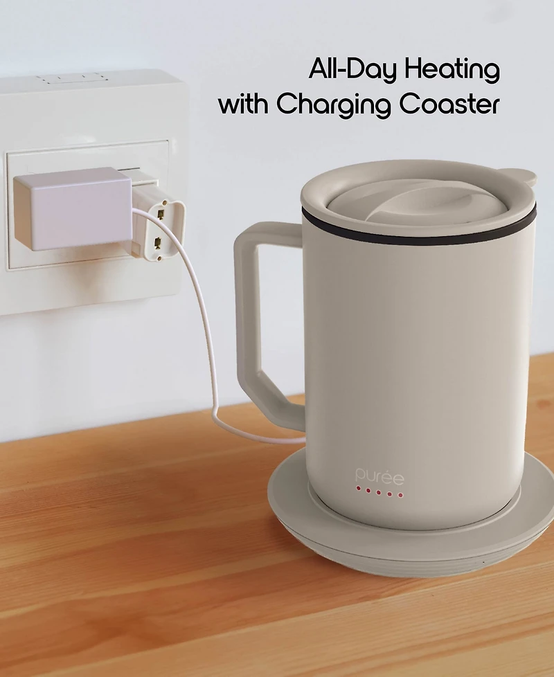 Tzumi Puree Warming Coffee Mug, 12 oz. Stainless Steel Mug with Warmer Coaster and Lid