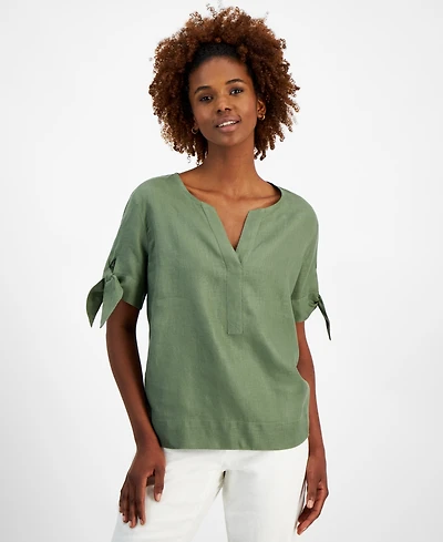 Charter Club Petite 100% Linen Split-Neck Tie Sleeve Top, Created for Macy's