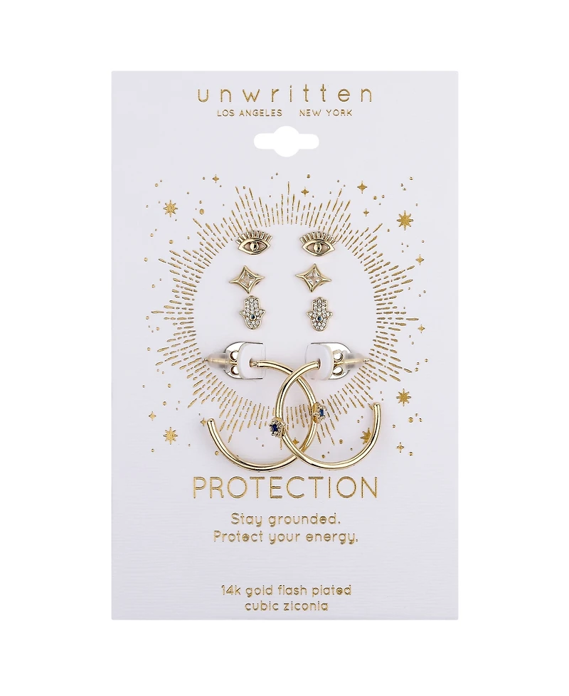 Unwritten Cubic Zirconia Evil Eye, Star, Hamsa Stud Hoop Earring Set