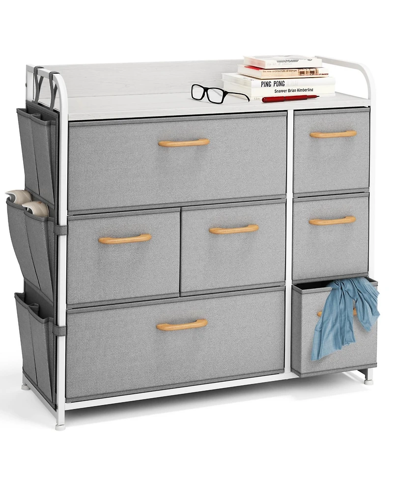 Nestl Heavy Duty 7 Drawer Fabric Dresser Organizer for Bedroom, Nursery, & Closet with Shoe Rack, Easy to Pull Wood Handles & Textured Wood Top