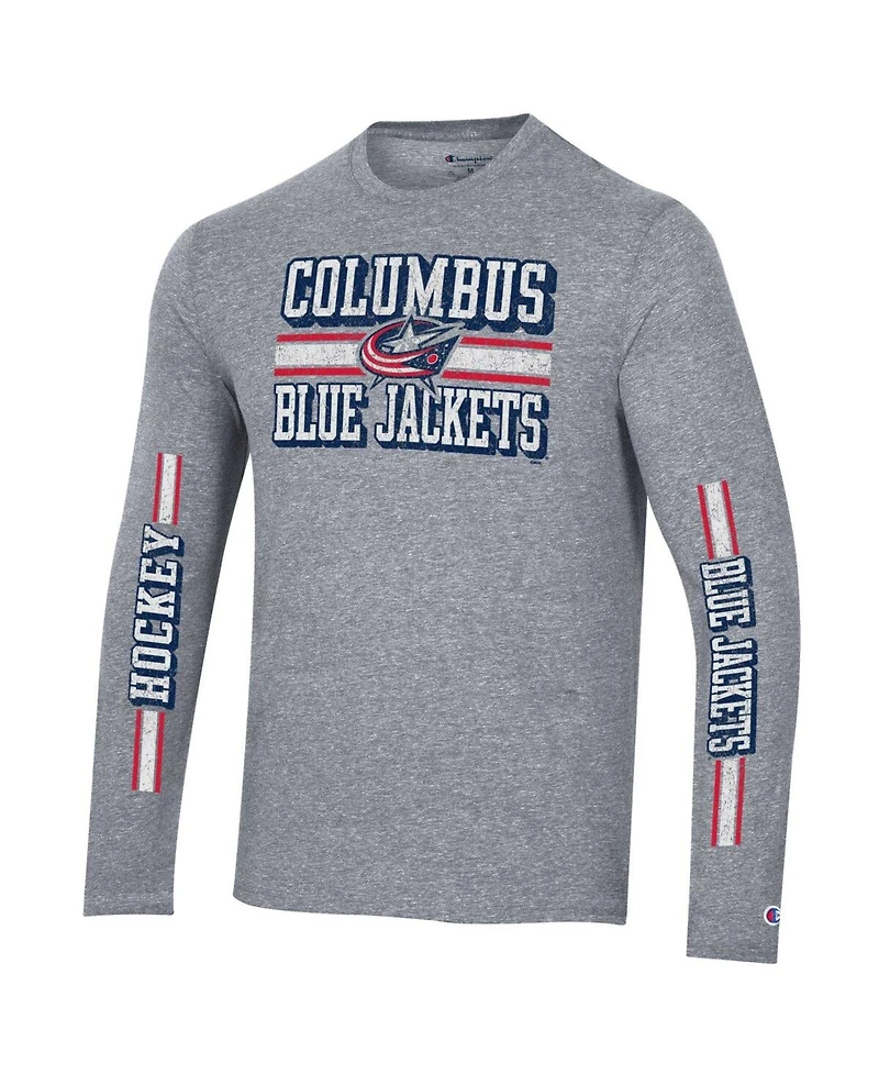 Men's Champion Heather Gray Distressed Columbus Blue Jackets Tri-Blend Dual-Stripe Long Sleeve T-shirt