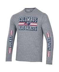 Men's Champion Heather Gray Distressed Columbus Blue Jackets Tri-Blend Dual-Stripe Long Sleeve T-shirt