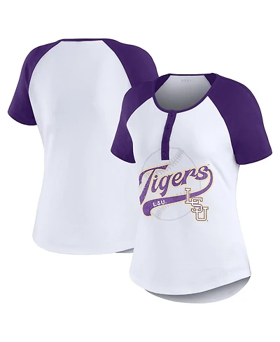 Women's Wear by Erin Andrews White Distressed Lsu Tigers Baseball Logo Raglan Henley T-shirt