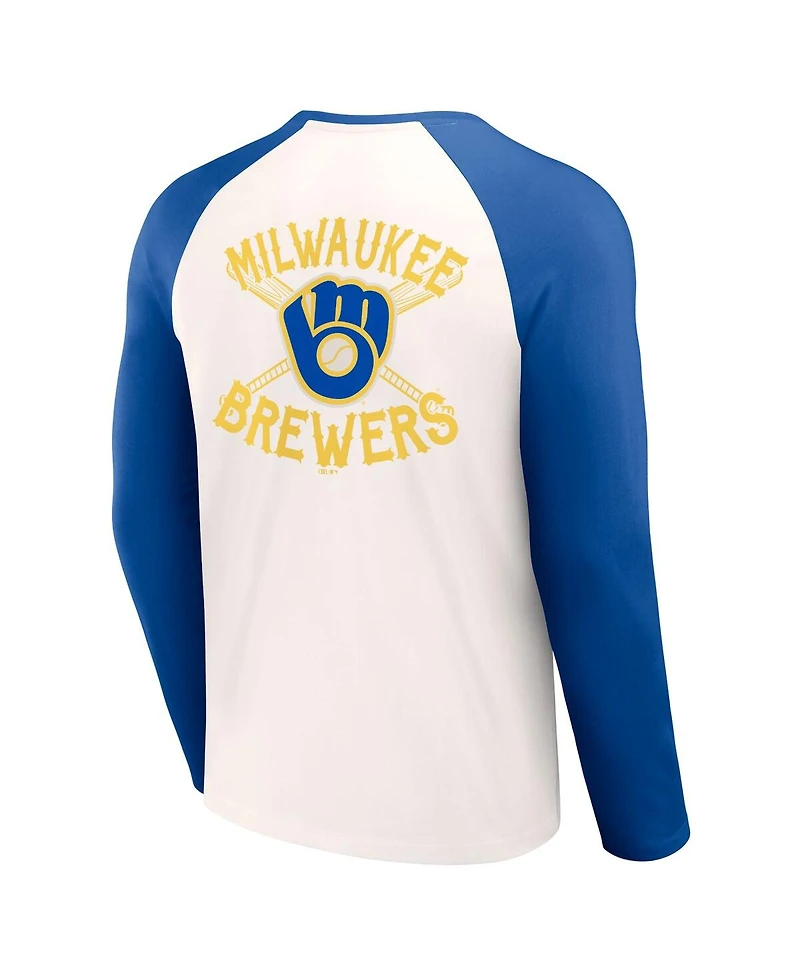Men's Darius Rucker Collection by Fanatics White, Royal Distressed Milwaukee Brewers Team Color Raglan T-shirt