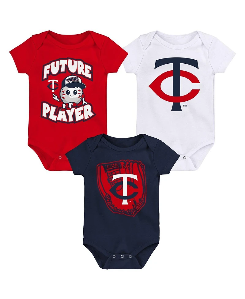 Baby Boys and Girls Navy, Red, White Minnesota Twins Minor League Player Three-Pack Bodysuit Set