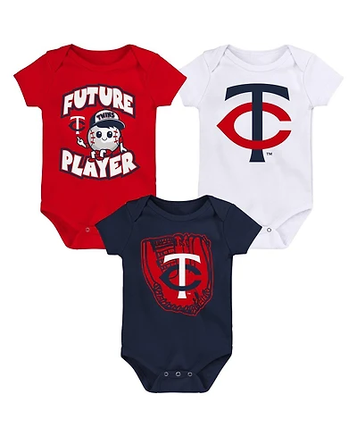 Baby Boys and Girls Navy, Red, White Minnesota Twins Minor League Player Three-Pack Bodysuit Set