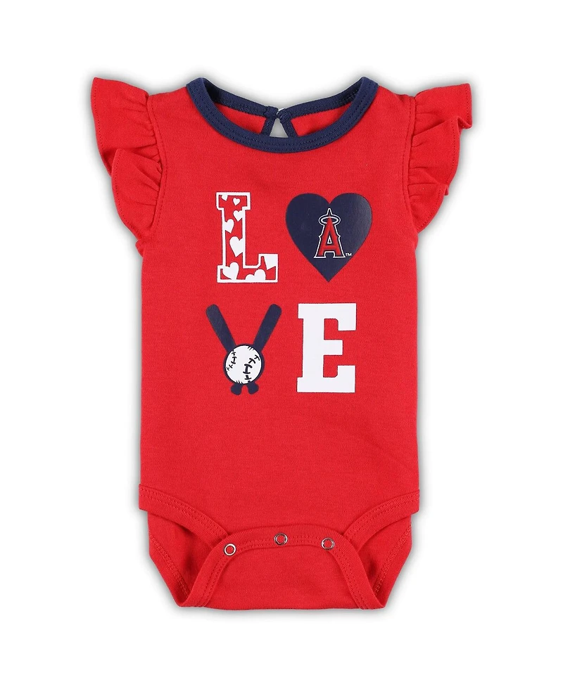 Baby Boys and Girls Red, Navy Los Angeles Angels Three-Piece Love of Baseball Bib Bodysuit Booties Set