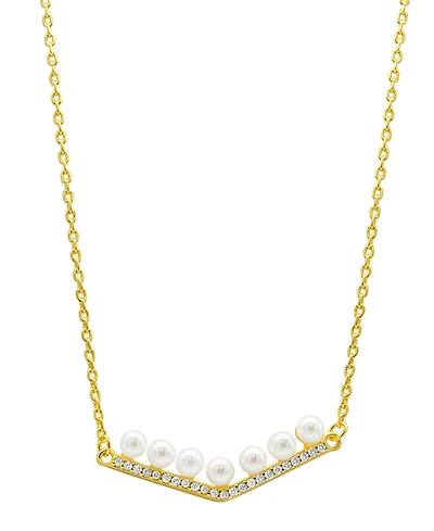 Adornia 14K Gold-Plated Crystal Imitation Pearl Bar V-Necklace
